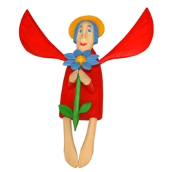 Hand carved painted folk angel by carver Maciej Manowiecki.  The artist is known for his unique, whimsical style.  His work can be characterized by the use of unconfined form, vibrant color, and lightness of style which brings each piece to life.