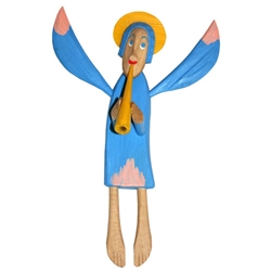 Hand carved painted folk angel by carver Maciej Manowiecki.  The artist is known for his unique, whimsical style.  His work can be characterized by the use of unconfined form, vibrant color, and lightness of style which brings each piece to life.