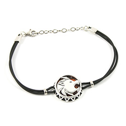 Sterling Silver and Baltic amber Leo zodiac sign charm on a durable cord made of black rubber.