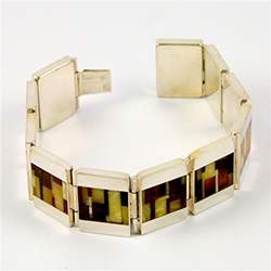 Multi-Color Mosaic Amber and Silver Hinged Cuff Bracelet