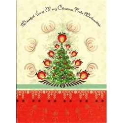 A beautiful glossy Christmas card featuring a Christmas tree glowing with Polish paper cut flowers. Cover greeting in Polish, English, and German.  Blank On The Inside.
Cover greeting in Polish, English, and German.