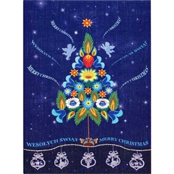 A beautiful glossy Christmas card featuring a paper cut Christmas tree surrounded by angels.
Cover greeting in Polish and English