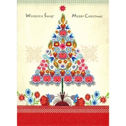 A beautiful glossy Christmas card featuring a Christmas tree created by colorful paper cut flowers.
Cover greeting in Polish and English