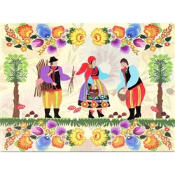 This beautiful note card features a scene depicting one of the most popular rural pastimes in Poland in the fall: hunting for wild mushrooms.  The scene is framed in colorful paper cut flowers from the Lowicz region of Poland.