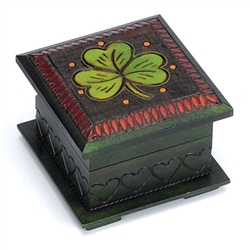 Shamrock Chest Polish Box, Rich green finish w/multi-color, hand painted and brass inlaid shamrock motif on top with burned detail on 3 of the sides. Footed base.