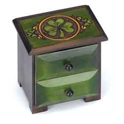 Shamrock Chest of Drawer - Polish Box. Two drawer chest with lucky hand carved shamrock design on the top. Hand stained with Footed base.