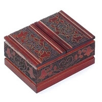 Double Decker Polish Box.  Brass inlays and burning complete this floral box. Lids open at center top and bottom of box for 2 compartments. cards not included