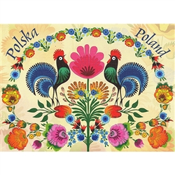 This beautiful note card features a pair of roosters below a rainbow of paper cut flowers and surrounded by a garden of colorful paper cut flowers from the Lowicz region of Poland. The mailing envelope features flowers in both the foreground and backgroun