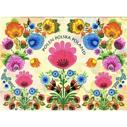 This beautiful note card features a floral bouquet of colorful paper cut flowers from the Lowicz surrounding "Poland" in 3 languages. The mailing envelope features flowers in both the foreground and background.  Spectacular!