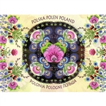 This beautiful note card features a dark floral centerpiece surrounded by a garden full of colorful paper cut flowers from the Lowicz region of Poland. The mailing envelope features flowers in both the foreground and background.  Features Poland in six la