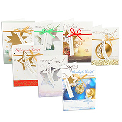 Beautiful assortment (7 designs) of 10  (4.75" x 6.75") Polish Christmas cards with matching envelopes.  Each card is in its own clear plastic sleeve. Greetings on the outside are in English and Polish.  Polish language text inside.