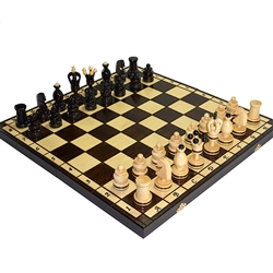 Wooden chess board and pieces are all inlaid with copper.  Pieces are hand turned, stained and finished with a high gloss. Shipping weight is 2kg (4.4 lbs.)
