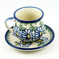 Polish Pottery 3 oz. Espresso Cup and Saucer. Hand made in Poland and artist initialed.