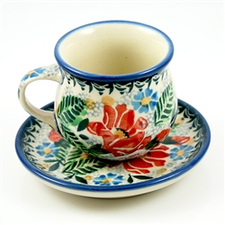 Polish Pottery 3 oz. Espresso Cup and Saucer. Hand made in Poland. Pattern U2472 designed by Maria Starzyk.