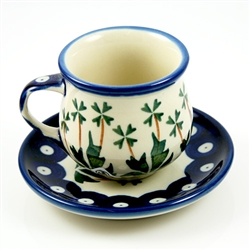 Polish Pottery 3 oz. Espresso Cup and Saucer. Hand made in Poland and artist initialed.