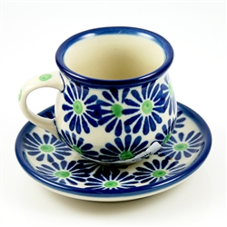 Polish Pottery 3 oz. Espresso Cup and Saucer. Hand made in Poland and artist initialed.