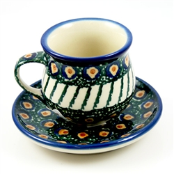 Polish Pottery 3 oz. Espresso Cup and Saucer. Hand made in Poland and artist initialed.