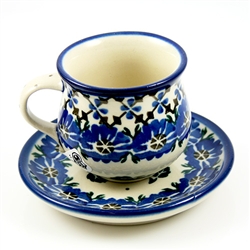 Polish Pottery 3 oz. Espresso Cup and Saucer. Hand made in Poland and artist initialed.