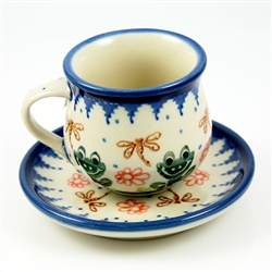 Polish Pottery 3 oz. Espresso Cup and Saucer. Hand made in Poland and artist initialed.