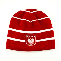 Red With White Stripes Knit Skull Cap With The Polish Eagle - Czapka Zimowa