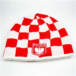 Display your Polish heritage!  Red and white check stretch ribbed-knit skull cap, which features Poland's national symbol the crowned white eagle on a shield below the word Polska (Poland).  Easy care acrylic fabric.  One size fits all.  Imported from Pol