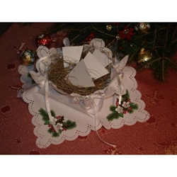 Beautiful two part white centerpiece in a Christmas holiday print.  The center ties together to create a "bed" for your Christmas hay (sianko).  Perfect for the Christmas Eve table.  Hay is included.