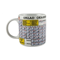 The periodic table of elements in Polish on a genuine high quality porcelain mug made in Poland.  Ok to use in the microwave and dishwasher safe.  Perfect gift for students, friends, colleagues.