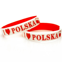 I Love Polska says it all.  Small size (7" - 18cm) wrist band with a little stretch designed for smaller wrists.

*WARNING: Choking Hazard--Small Parts
 Not for children under 3 yrs.