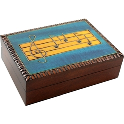 Musical Notes Box with a hand painted and burned design. Designs and colors will vary. No two exactly alike.  Right now we have both blue and brown boxes.  Specify in notes if you have a color preference.