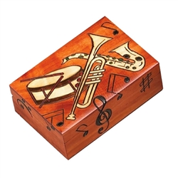 This lively box features a saxophone, trumpet and drum surrounded by musical notes and treble clef. You can almost hear the music and see the band!