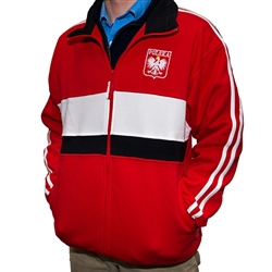 This warm, comfortable and stylish zip up jacket in red-as a main color- also has white and black stripes in the front, black collar and white stripes on the sleeves. It features The Crowned White Eagle in a red shield on the front left side and the word