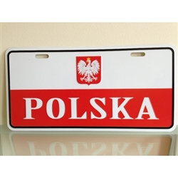 Polish Flag with Eagle license plate made of corrosion resistant aluminum.  Standard US plate size with four slots for fastening.  Size 12" x 6" - 30.5cm x 15cm