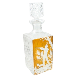 This is a genuine Polish hand-cut leaded crystal decanter with matching crystal stopper.  The front side is amber cased crystal into which is a detailed etching of a hunter scene.  Classic!