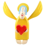 Hand carved painted folk angel by carver Maciej Manowiecki.  The artist is known for his unique, whimsical style.  His work can be characterized by the use of unconfined form, vibrant color, and lightness of style which brings each piece to life.