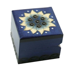 Rich blue matte finish. Hand carved floral design on top and 3 sides. Hinge and lid.
