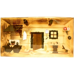 Poland has a long history of craftsmen working with wood in southern Poland. Their workshops produce beautiful hand made boxes, plates and carvings.  This shadow box is a look inside a Polish village home.
Entirely made by hand so no two are exactly alik