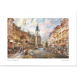 Beautiful print of a watercolor by Polish artist Micha&#322; Adamczyk. Looking north on ul. Nowy Swiat, Warsaw's historic and most fashionable avenue.  Suitable for framing.  Includes an envelope for mailing.  Packaged in clear resealable polypropylene.