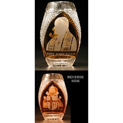 Amber colored cased crystal is a Polish specialty.  Hand blown, cut and polished from the "Julia" factory in Poland,  this beautifully shaped vase features the portrait of John Paul II on one side and the Papal coat of arms on the other.