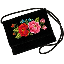 Hand embroidered shoulder purse made from velvet.  Fully lined.  Extra long strap (extends to 30"). Snap closure.  Made in Lowicz, Poland.  Flower colors and design vary slightly from purse to purse.