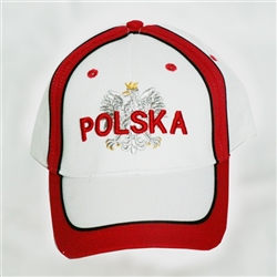 Display the Polish colors of red and white with this handsome looking cap with detailed embroidery work.   The front of the cap features a silver Polish Eagle with gold crown and talons.  On the back is a waving Polish flag. Features an adjustable cloth a
