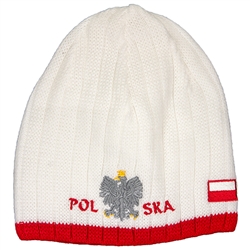 Display your Polish heritage!  White stretch ribbed-knit skull cap, which features Poland's national symbol the crowned eagle between the word Polska (Poland).  Easy care acrylic fabric.  One size fits all.   Imported from Poland.