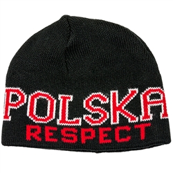 Display your Polish heritage! Navy blue stretch ribbed-knit skull cap with the word Polska (Poland) and Respect on the front. Easy care acrylic fabric. Once size fits most. Imported from Poland.