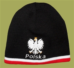 Display your Polish heritage!  Black stretch ribbed-knit skull cap with the word Polska (Poland) below the Polish Eagle. Easy care acrylic fabric.  Once size fits all.  Imported from Poland.