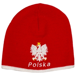 Display your Polish heritage! Red stretch knit skull cap, which features Poland's national symbol the crowned eagle above the word Polska (Poland). Easy care acrylic fabric. One size fits most. Imported from Poland.