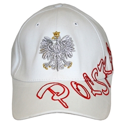 Stylish white cap with silver and gold color thread embroidery.  The front of the cap features a silver Polish Eagle with gold crown and talons. Polska is embroidered in red thread around the front.  Features an adjustable cloth and metal tab in the back.