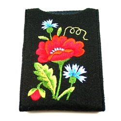 Soft black felt sewn case with hand Lowicz styl embroidered flowers on one side. Beautiful and functional. . Designed to fit standard cell phones. Size - 3.25" x 5.25" - 8cm x 13cm - Interior size 3" x 4.75" - 7.5cm x 12cm. The IPhone measuring 3" x 4.5"
