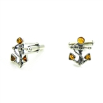Nicely detailed sterling silver anchor and rope cufflink studded with three pieces of amber.