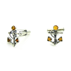 Nicely detailed sterling silver anchor and rope cufflink studded with three pieces of amber.