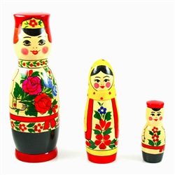 This cute 3 piece nesting doll is from the village of Semyonov, Each of the pieces are brightly painted and cheerfully drawn. The tallest boy is 8 inches tall. The boy doll opens to a boy, then a smaller boy.
