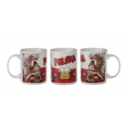 Humorous ceramic Polish mug which features two Polish Winged Husars in a toast.  Our picture show the three sides of this colorful mug.  The background is the Polish flag.